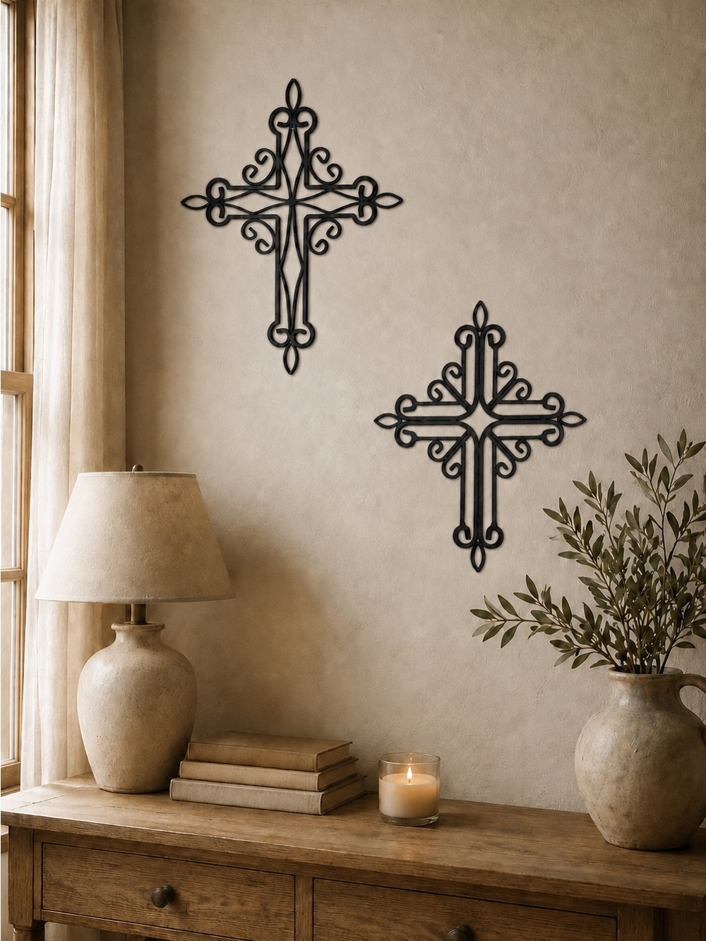 Set of 2 Black Metal Scrollwork Wall Crosses Gothic Farmhouse Decor 14” and 10”